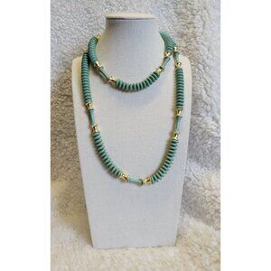 Vintage Green Plastic Disk Beaded Long Statement Costume Necklace N1F